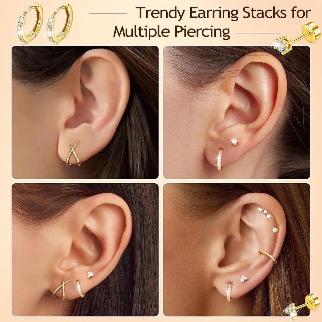 KISS WIFE CZ Stud Earrings Set for Women, Cubic Zirconia Stud Earrings in Multiple Sizes, Triangle Oval Heart Round Pearl Square Earrings,