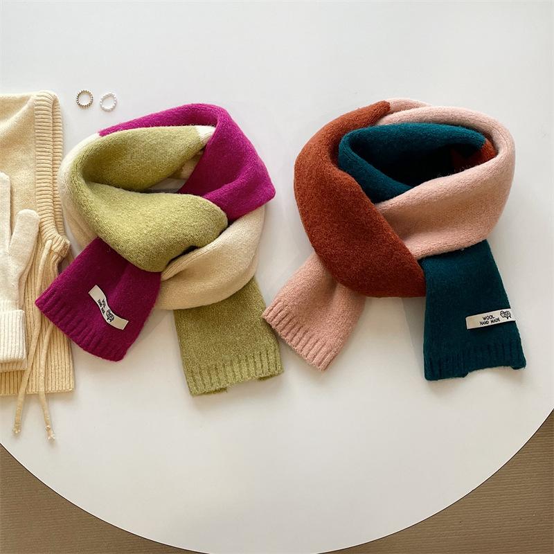 Rose Pink Color Blocked Wool Knitted Scarf for Women Winter Ins Style Korean Version Versatile Warm Shawl Student Scarf Trendy