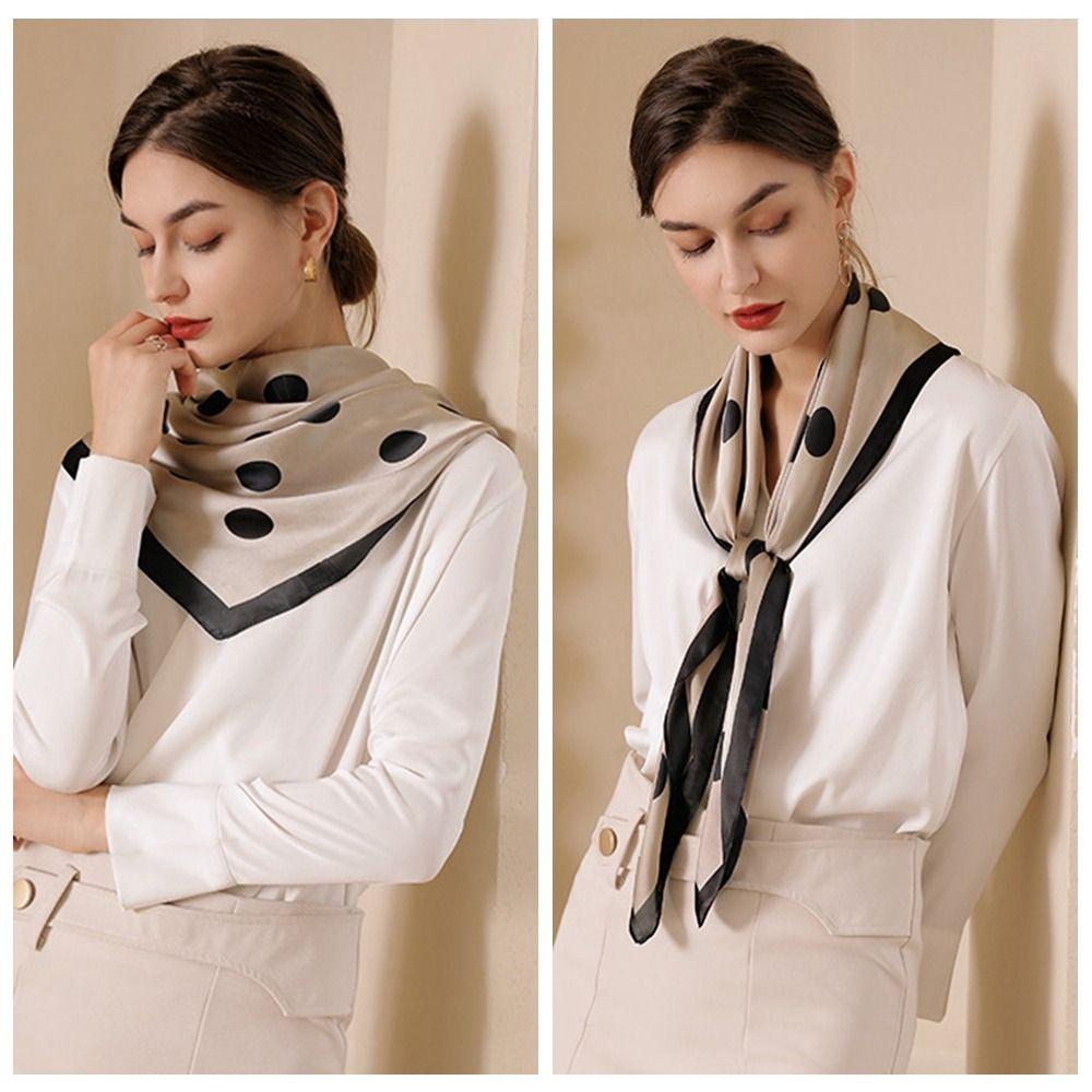 Elegant Women's Silk Scarf Soft Hijab Shawl Wraps Fashion Dot Print Silk Scarf  Bandana