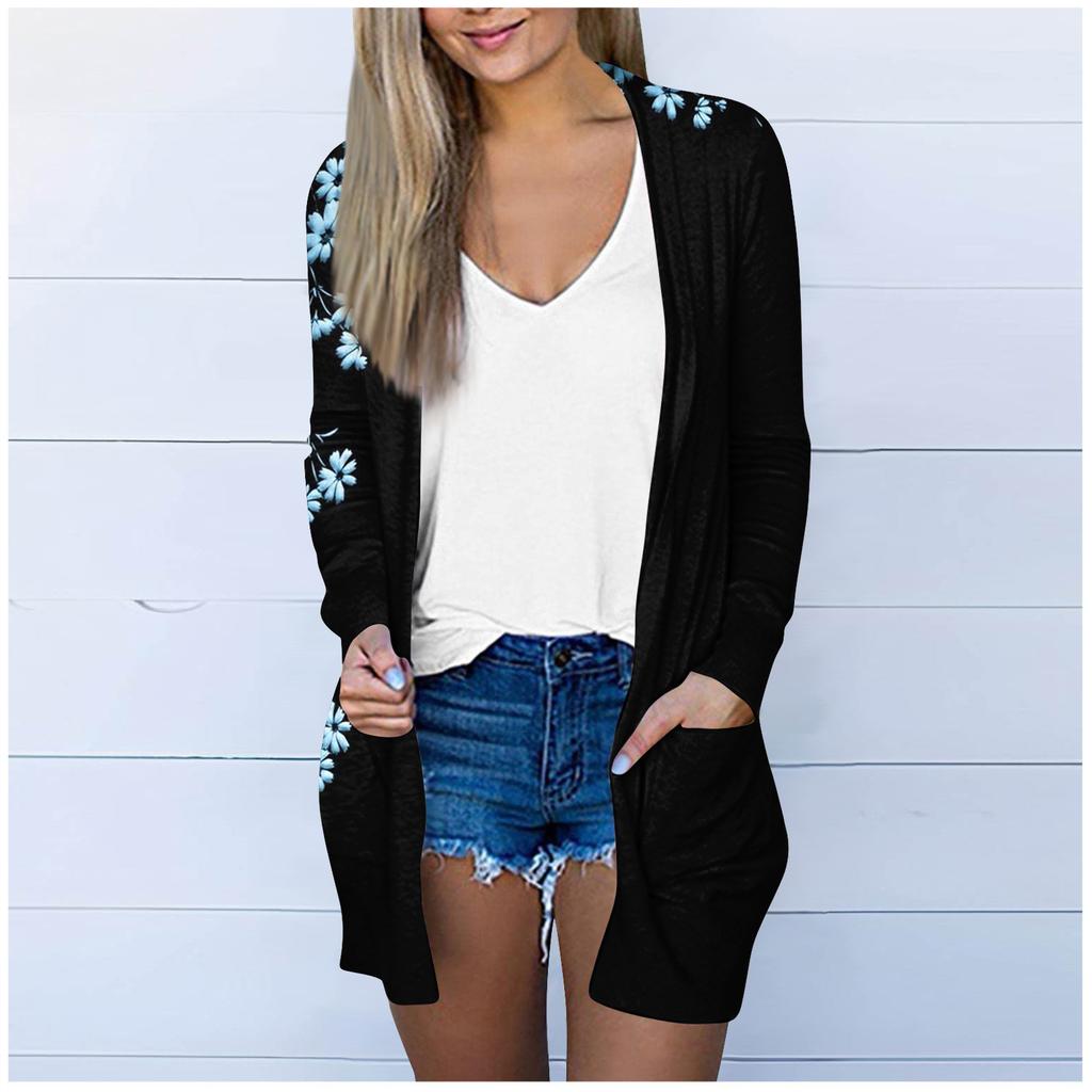 Женская модная свободная повседневная куртка-кардиган средней длины с длинными рукавами и принтом, топ