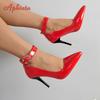 Мода Aphixta Кристаллы Золотая Пряжка Ремешок Шпильки Красный Черный Высокий Каблук Лодочки Женская Вечерняя Обувь Острый Носок Размер 50