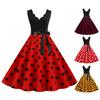 Women's Retro Patchwork Polka Dot Printed Sleeveless Party Hem Dress A-line Skirt