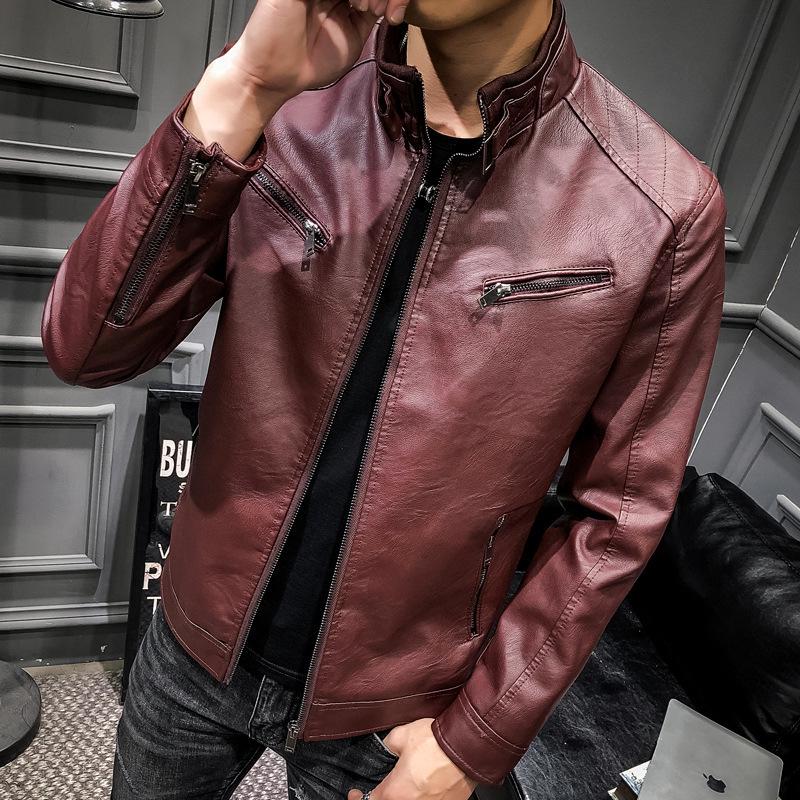 Мужская куртка из искусственной кожи, мужская модная молодежная плюшевая и толстая мужская мотоциклетная кожаная куртка в стиле панк с воротником-стойкой