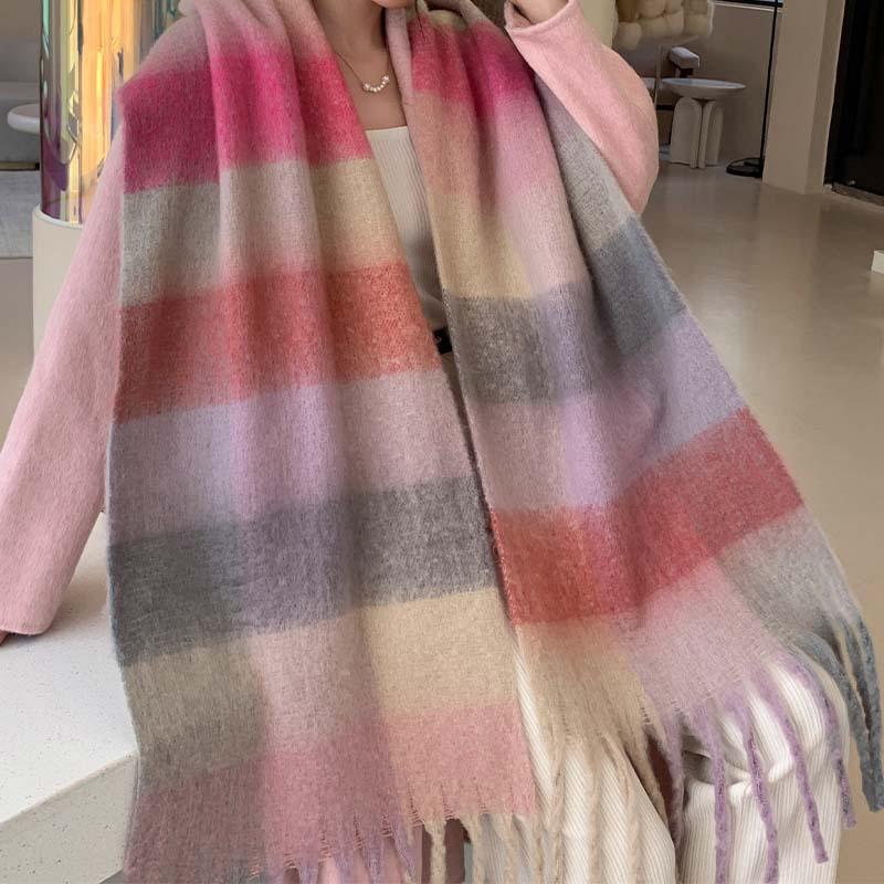 Winter New Scarf Women's Winter Thickened Warm Scarf Colored Plaid Fringed Scarf Shawl Fashionable Outer Cover