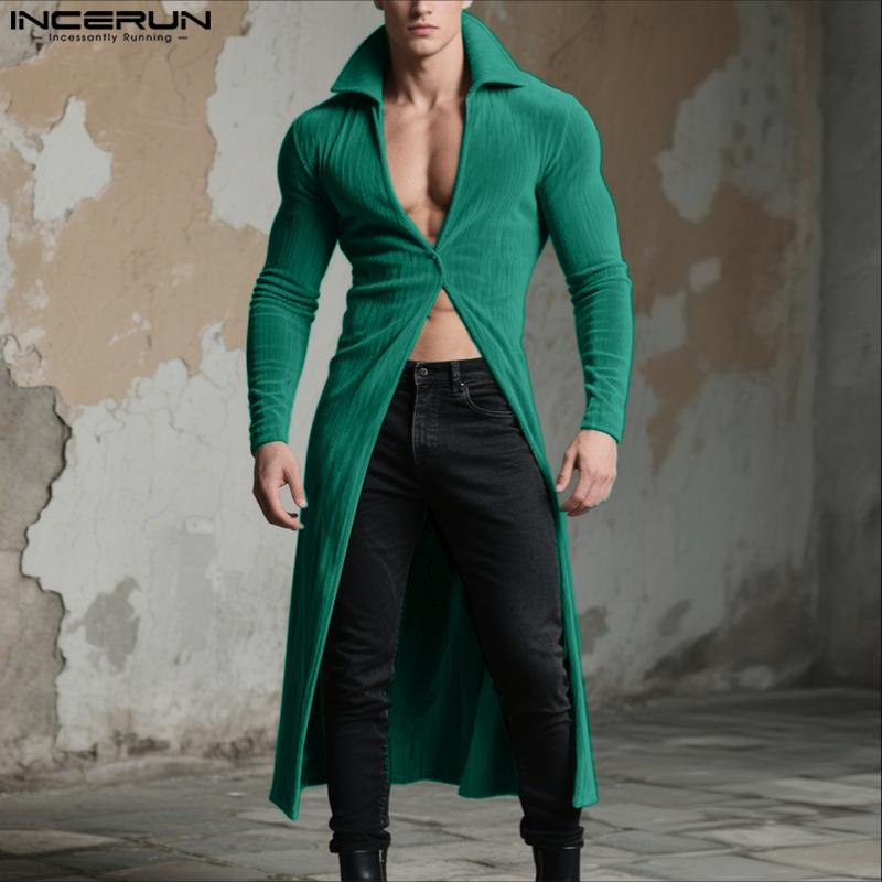 INCERUN Men Autumn Winter Long Sleeve One Button Casual Split Texture Long Tunic Tops Cardigan