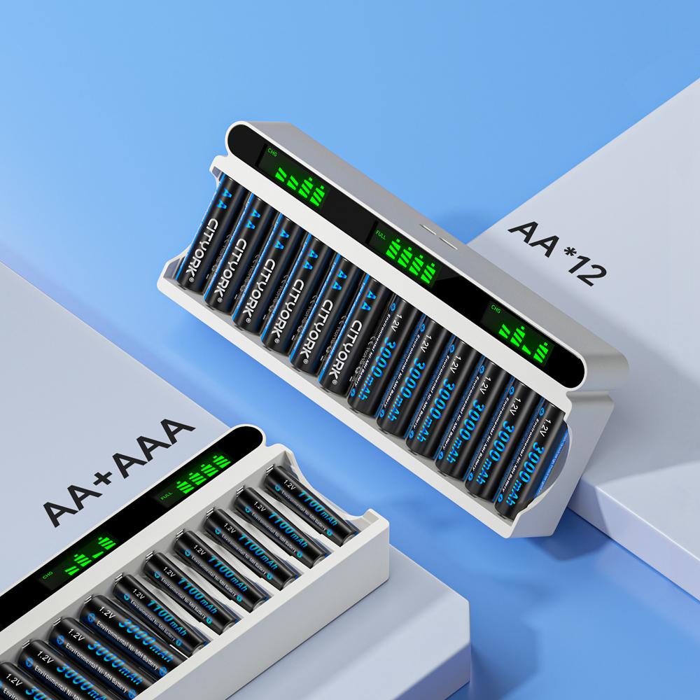 Charger and Battery Combo Kit 12 Slot Smart LCD USB/Type-C Hybrid 1.2V Battery Charger + 1.2V AA/AAA NiMH Rechargeable Battery
