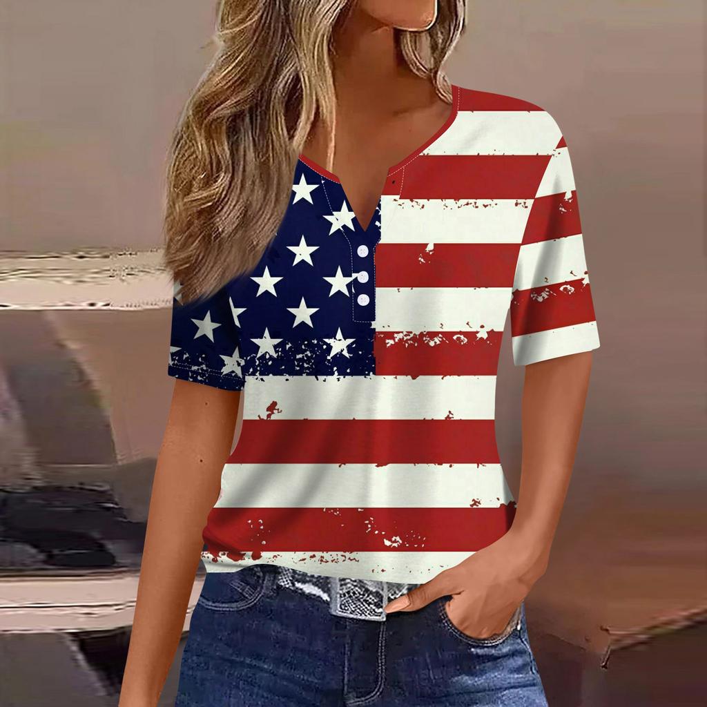 Women's Casual Independence Day Printed V-Neck Short Sleeve Embellished Button T-Shirt Top