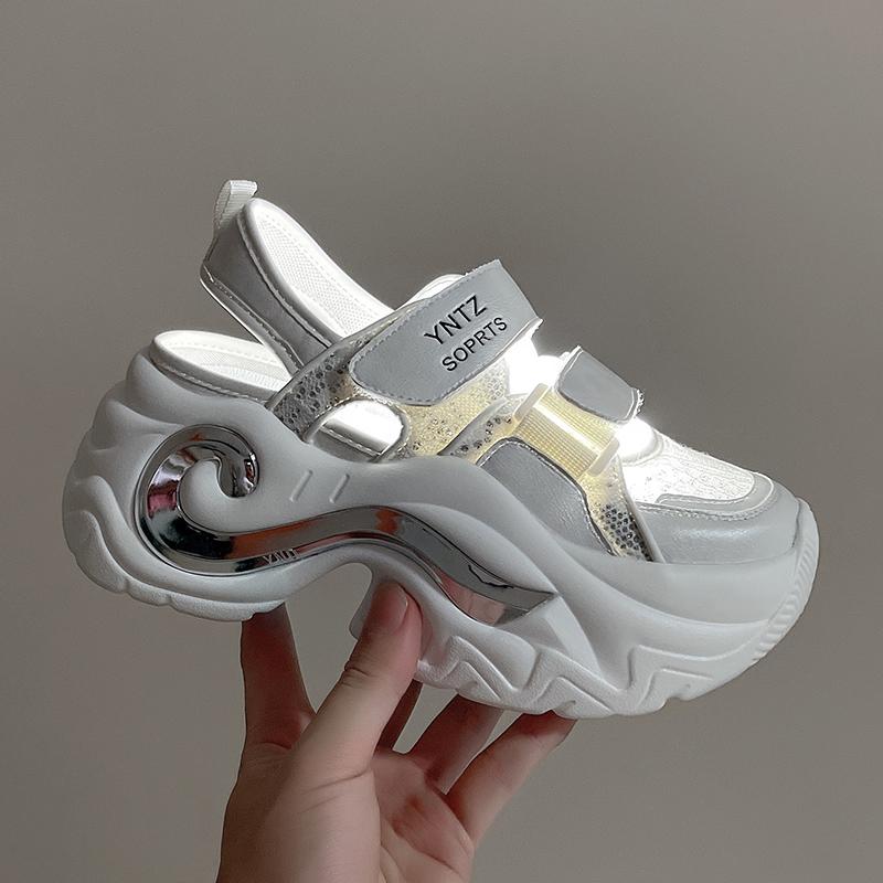 Модные 8-сантиметровые дышащие полые кожаные женские сандалии, вулканизированные сетчатые туфли-гладиаторы на массивной платформе, на высоком каблуке, повседневные летние кроссовки