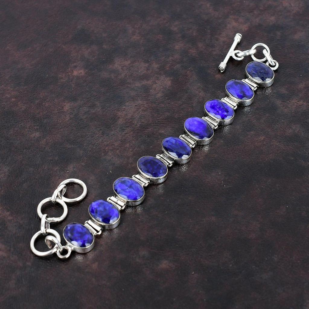 Браслет с граненым синим сапфиром. Изысканные ювелирные изделия. Браслет из стерлингового серебра 925 пробы. Драгоценный камень. Ювелирные изделия ручной работы. Регулируемый браслет-цепочка. Подарок для жены.