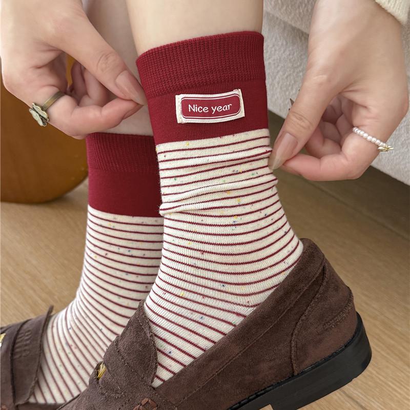 Женские большие красные рождественские носки: Год Лошади, Милый бант в горошек, Кружевная ткань, Полосатый дизайн до середины икры