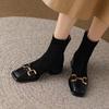 Модные черные эластичные носки, весенние женские новые квадратные ботиночки в античном стиле, короткие ботиночки, ботиночки на толстом каблуке, осенние женские ботиночки на толстом каблуке