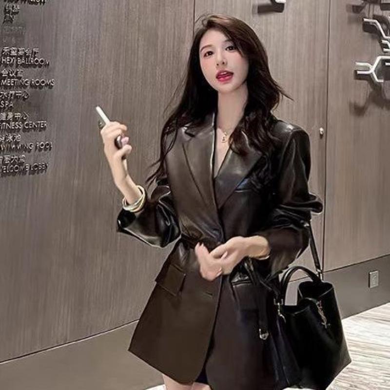 Кожаная куртка осень новая повседневная ретро темперамент поясной ремень средней длины отложной воротник кожаная куртка мода