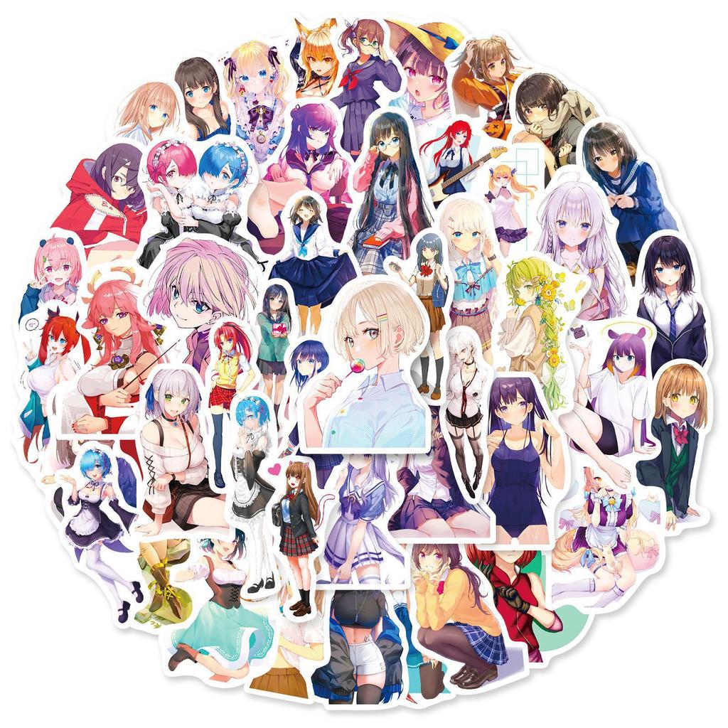50 Non-exposed Beauty Stickers, 2D Japanese Cartoon Sexy Beauties Collection, Anime Image Stickers, Asian