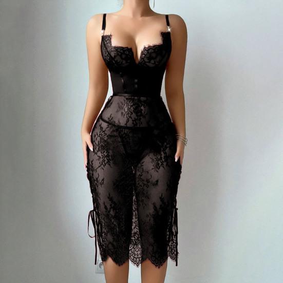 Сексуальное кружевное платье-бэбидолл для женщин, прозрачная сетчатая сорочка, одежда для сна с боковым разрезом, V-образным вырезом, ночная сорочка для медового месяца, годовщин