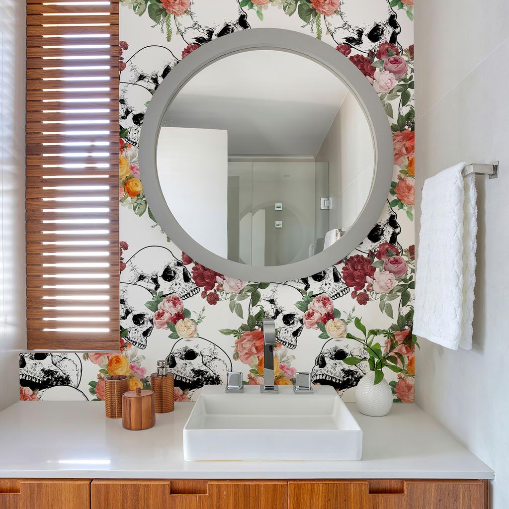 Белые Черепа Розы Виниловые Обои Шикарный Хэллоуин Самоклеящиеся Цветы Настенный Декор Фестиваль Самоклеящаяся Наклейка для Шкафа