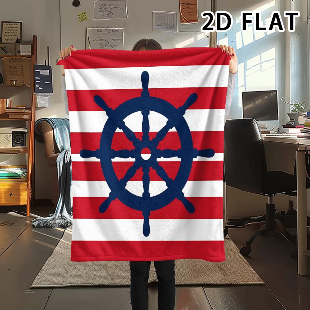 1Pc 2D FLAT Red Stripe Marine Print Flannel Blanket,High quality Comfortable for All Seasons,Home Decor,Warmth and Comfort,Perfect for Christmas Gifts