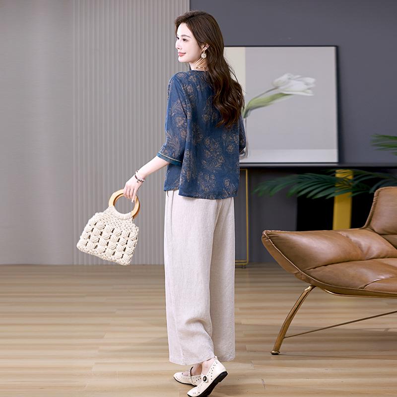 Женский летний костюм из рами 2025: Ретро костюм-двойка с широкими брюками и топом