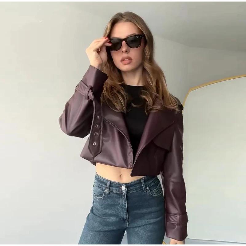 Уличная короткая куртка из кожи бордового цвета с красными карманами и лацканами для женщин, куртка с длинным рукавом, осенняя свободная верхняя одежда для женщин