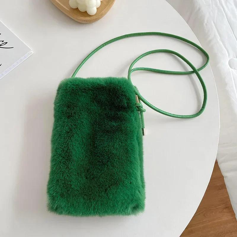 Женская плюшевая сумка через плечо, однотонная сумка для мобильного телефона, универсальный мини-кошелек, плюшевая сумка через плечо, осень и зима