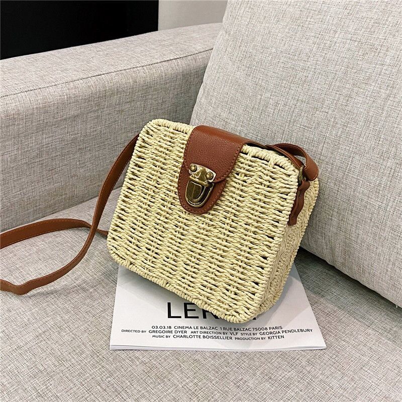 Yogodlns Летняя соломенная сумка через плечо, тканая сумка через плечо ручной работы, маленькая квадратная сумка, пляжная сумка, женская сумка для покупок, отпуск