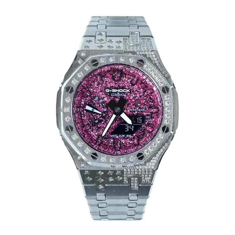 Casio Индивидуальные часы, модифицированная серия, водонепроницаемые, светящиеся, кварцевые, стальной ремешок, тот же стиль для мужчин и женщин, розовый циферблат, FenXing FenXingKongXingZuanGang