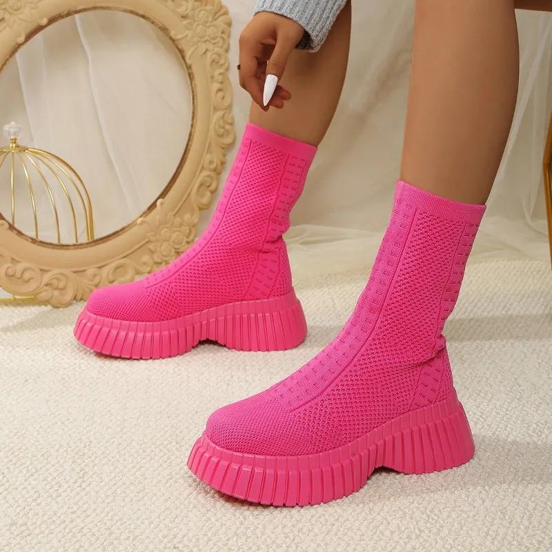 Microfiber Ankle Square Heel Modern Boots Winter Slip-on Round Toe 2024 Fashion Ladies Shoes Mid Heel Solid Women's Boots