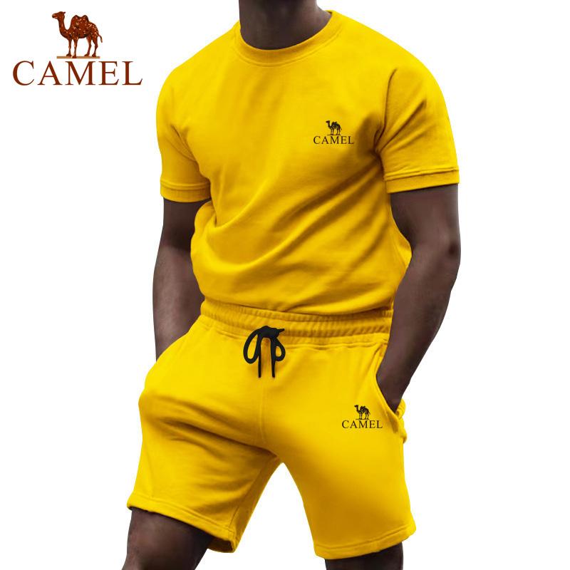 Camel Short Sleeved Men's Summer Casual Fashion Solid Color Two-piece Sports Suit Trendy Quarter Pants