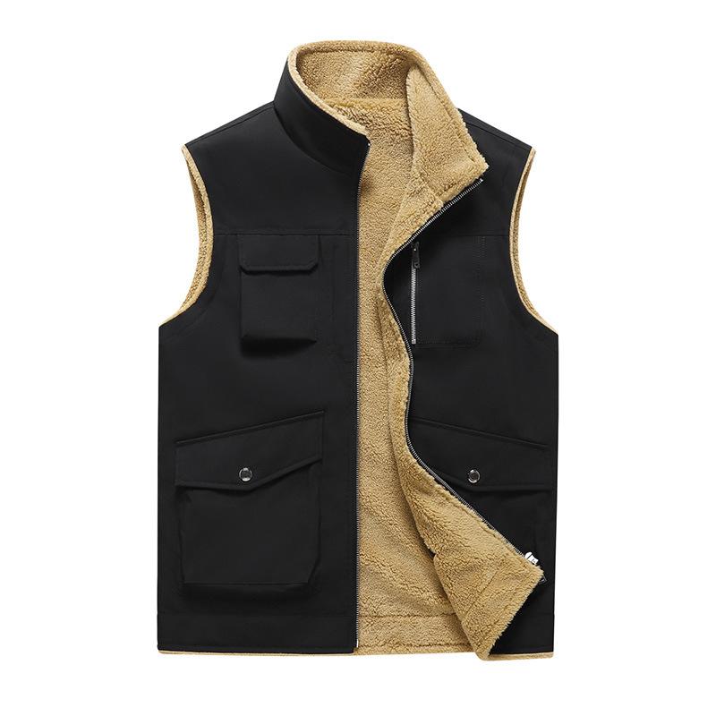 Men's Fleece Multi-pocket Cargo Vest Autumn and Winter New Stand Collar Thickened Outdoor Sports Vest