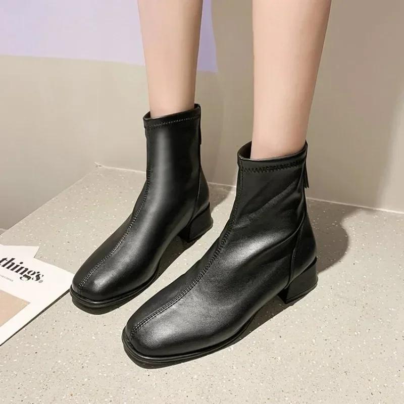 Модные эластичные носки сапоги модные ботильоны женские на высоком каблуке толстые каблуки квадратный носок короткие сапоги женские ретро 2024 новые женские туфли