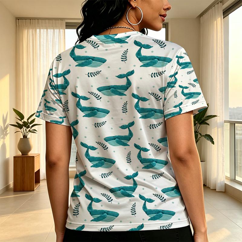 Women's Short-Sleeve T-Shirt American Basic Whale Series,Soft Cotton Fresh Design,Fashionable Versatile Casual Top for Daily Outings