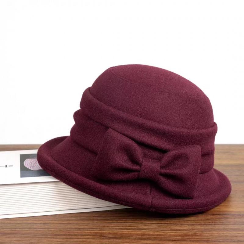 Temperament bow wool Hepburn top hat celebrity retro elegant French autumn and winter basin hat bucket hat felt hat