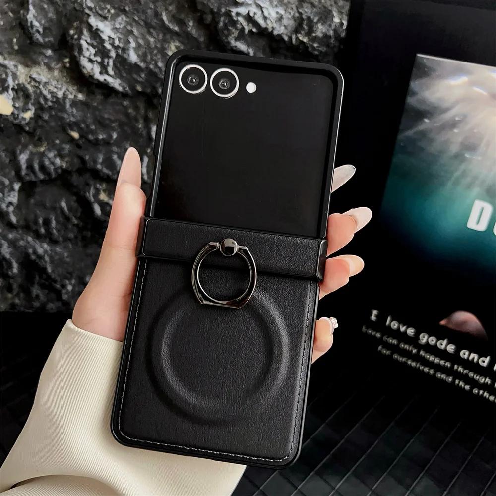 Чехол из ПУ кожи для телефона Samsung Z Flip 7 FE 6 5 4 3 Flip6 Flip5 Flip4 Flip7 5G 360 Вращающийся Магнитный Держатель-кольцо Задняя крышка