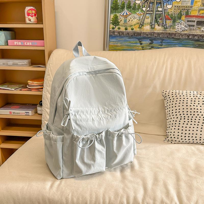 Простой однотонный женский рюкзак с двойным карманом, на шнурке, легкий, студенческий, милый, для путешествий, с бантом, сумка студента колледжа