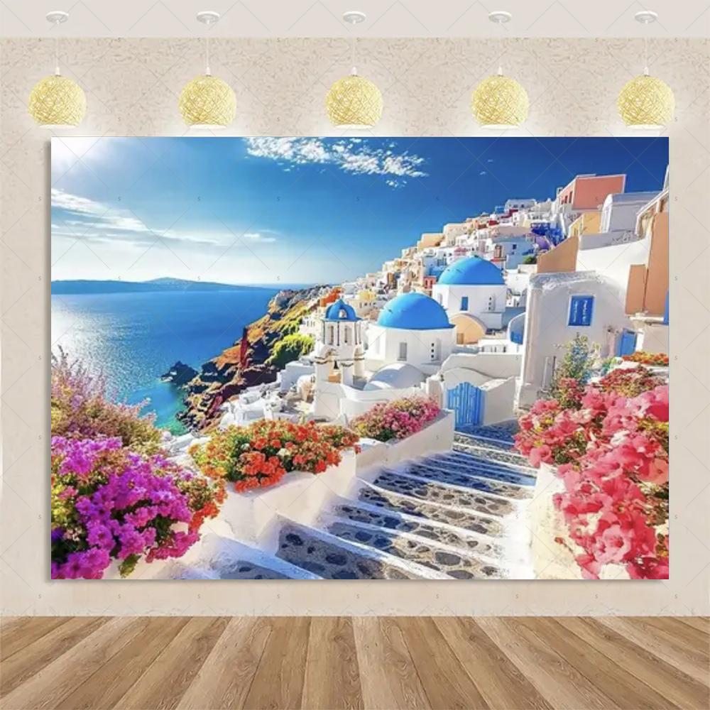 Nordic Greek Landscape Home Party Decorations Santorini Island Town Blue Dome Church Santorini Aegean Sea Photography Backdrop