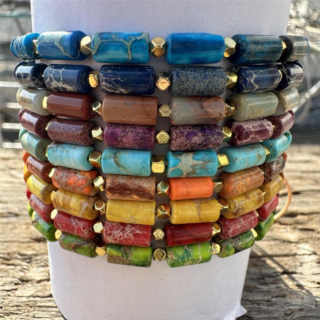 Unisex Bracelet Natural Gemstone Maanshan Turquoise Wheel Shape Smooth Cut Beads Stretchable Bracelet