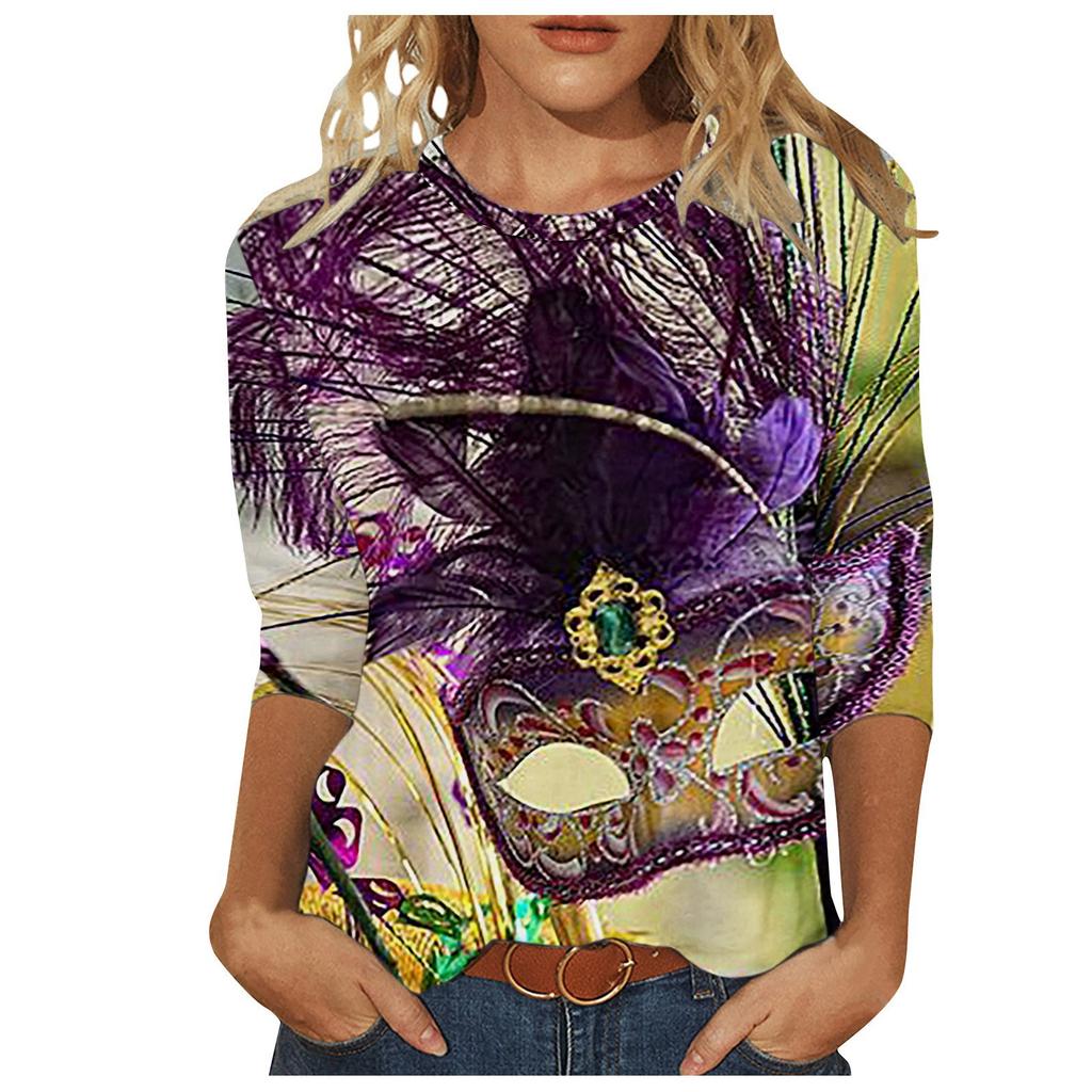Women's Loose Three Quarter Sleeve 3D Printed T-shirt with Mask Pattern T-shirt