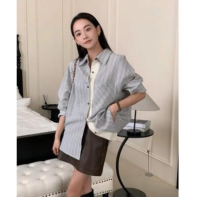 Женская куртка нового ретро-дизайна, топ, свободная рубашка с длинным рукавом в синюю полоску, сшитая из разных материалов, для