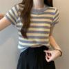 Striped Knitted Short Sleeved T-shirt for Women In Summer with A Niche and Slim Fit. Korean Chic Chic Chic Short Top