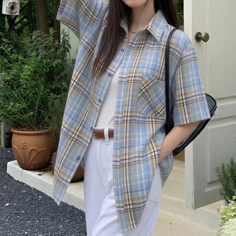 American Retro Plaid Short-sleeved Shirt Women's Summer Casual Loose and Thin Versatile Lazy Top Jacket Short Sleeve Shirt Oversized Casual Summer