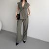 European and American women's clothing new V-neck drawstring waist slim top high waist wide leg pants commuter suit
