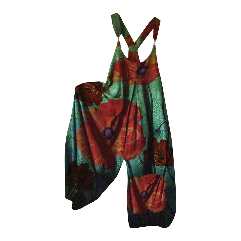 Women's Fashion Summer Sweet Loose Casual Print Retro Strappy Jumpsuit