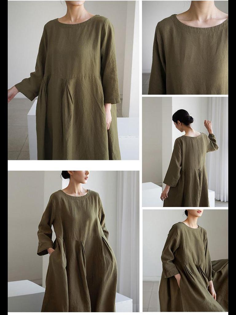 Платье большого размера из хлопка и льна свободного покроя в японском/корейском стиле, с круглым вырезом, длиной до колена, однотонное, юбка-лето