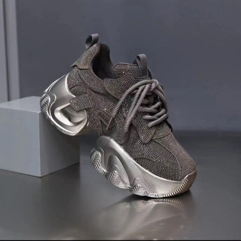 Толстая подошва громоздкие кроссовки женские модные блестящие кристаллы на плоской подошве сетчатые дышащие туфли для подъема новые кроссовки для фитнеса