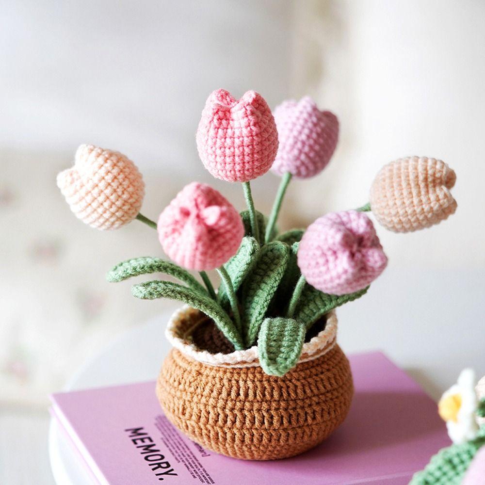 Handmade Woolen Yarn Flowers Crochet Knitting Kit No Finish Tulip Potted Flower Desktop Ornament