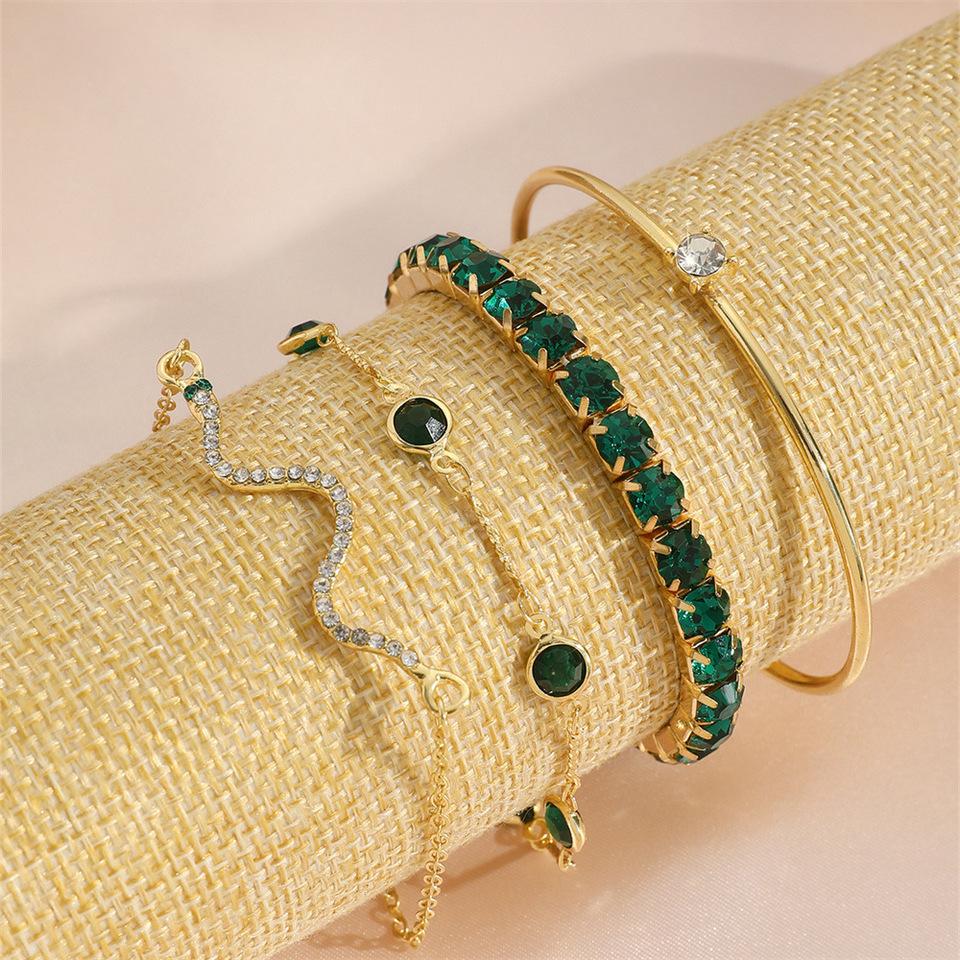 4Pcs/Set Fashion Snake Green Gemstone Bangle Rhinestone Full Metal Bracelet For Women Birthday Party Christmas Gift Jewerly KTY
