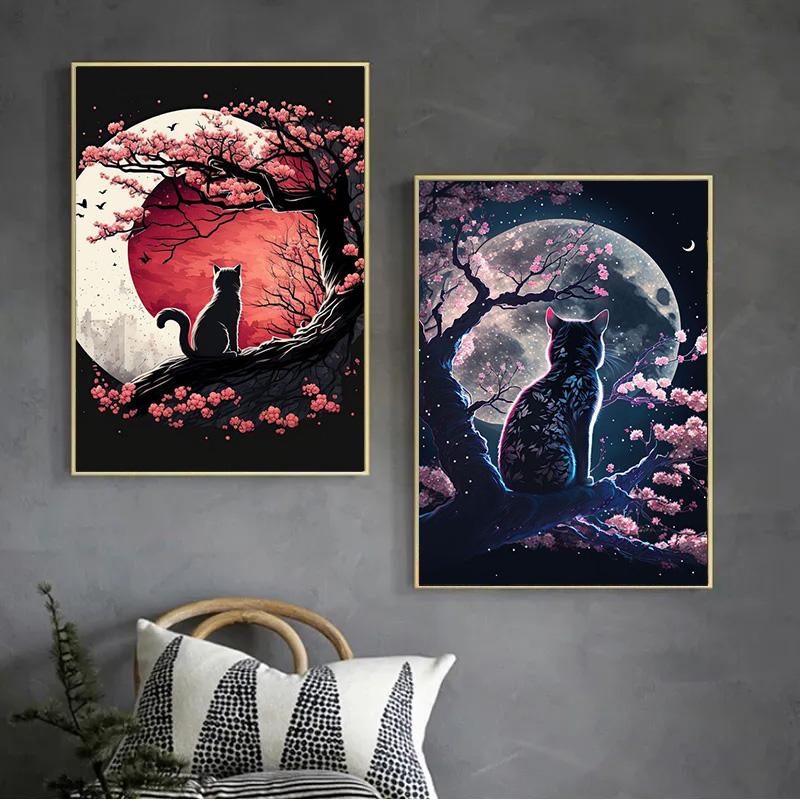 Японские забавные животные, кошки, цветущая вишня, постеры и принты, картины на холсте, настенные художественные картины для гостиной, украшения дома