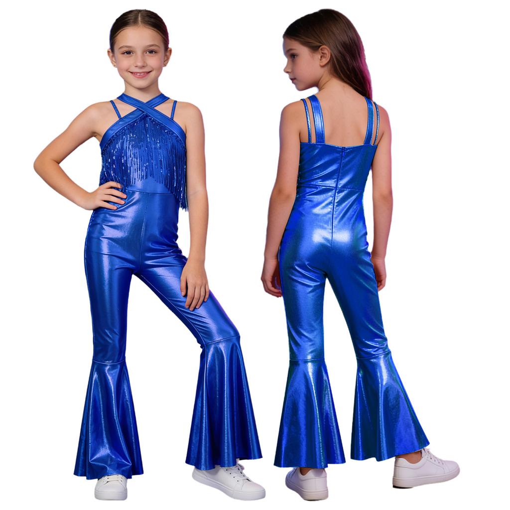 Kids Metallic Disco Dance Bodysuit: Sleeveless Sequins Tassels Jumpsuit with Back Invisible Zipper & Flared Pants