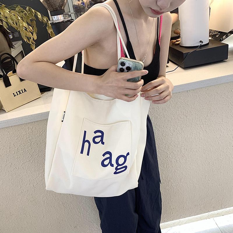 Большая вместительная однотонная холщовая сумка для женщин, мягкие сумки на ремне с застежкой-молнией, сумки для девочек, сумка для покупок с надписью, модная