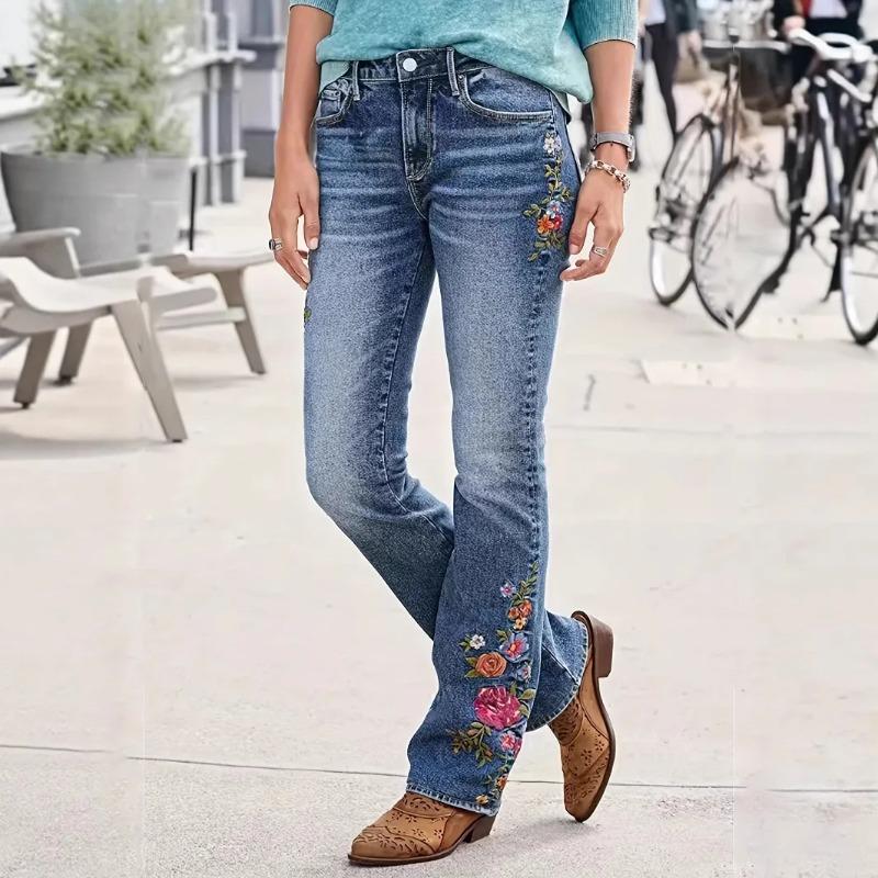 VibeStreet Jeans Women Boot Cut Flare Pants Stretch Mid Waist Embroidery Full Length Trousers Washed Distressed Denims Streetwear