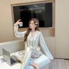 New women's ice silk striped long-sleeved trousers pajamas set cardigan Korean version of high-end simple loungewear